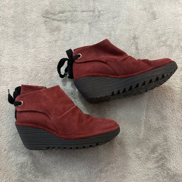 Fly London Yebi Suede Ruched Ankle Boots Booties Women's 38 US 7.5 8 Burgundy - Picture 2 of 6